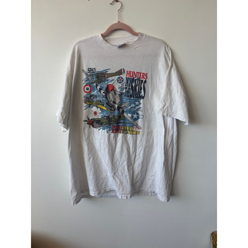 Vintage 90s Hunters‎ of the Skies Fighter Jet Shirt Air Force White All Sport 2X
